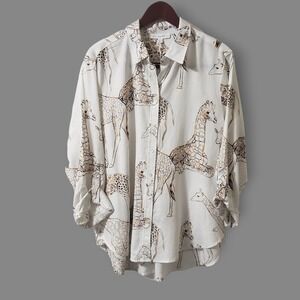 NWT Jane + Delancey Giraffe Linen Blend Button Down Shirt Gold White Sz XL